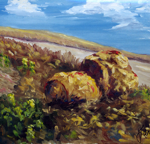 hay bales on hillside 11x14